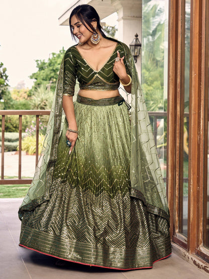 Tulsi Art Awesome Green Sequins Chinon Mehendi Wear Lehenga Choli