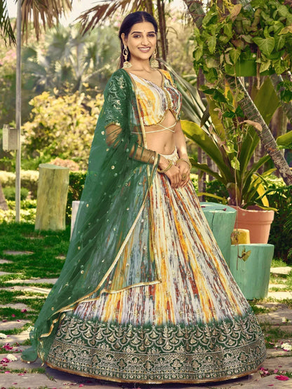 Tulsi Art Great White & Green Shibori Printed Chinon Lehenga Choli With Dupatta