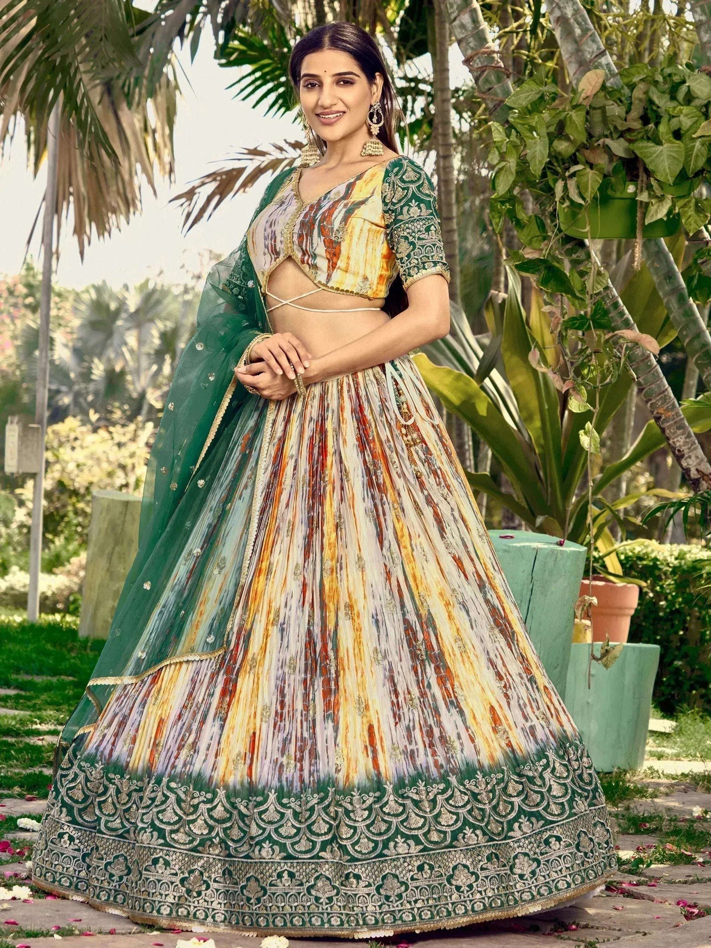 Tulsi Art Great White & Green Shibori Printed Chinon Lehenga Choli With Dupatta