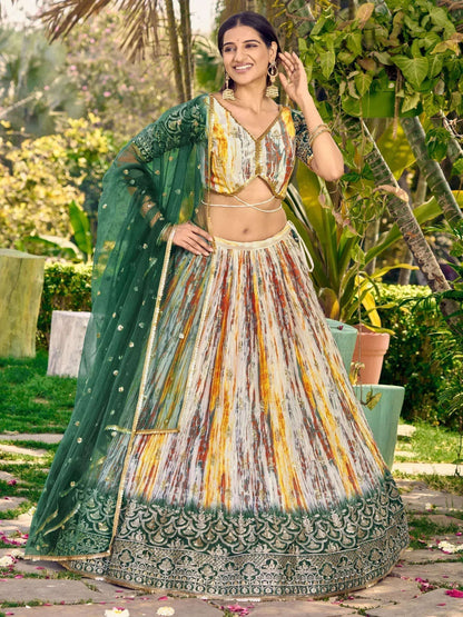 Tulsi Art Great White & Green Shibori Printed Chinon Lehenga Choli With Dupatta