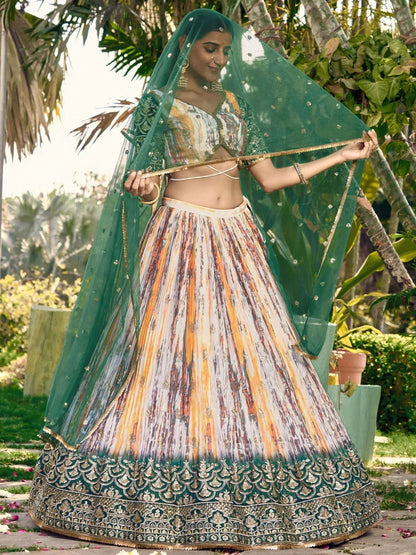 Tulsi Art Great White & Green Shibori Printed Chinon Lehenga Choli With Dupatta