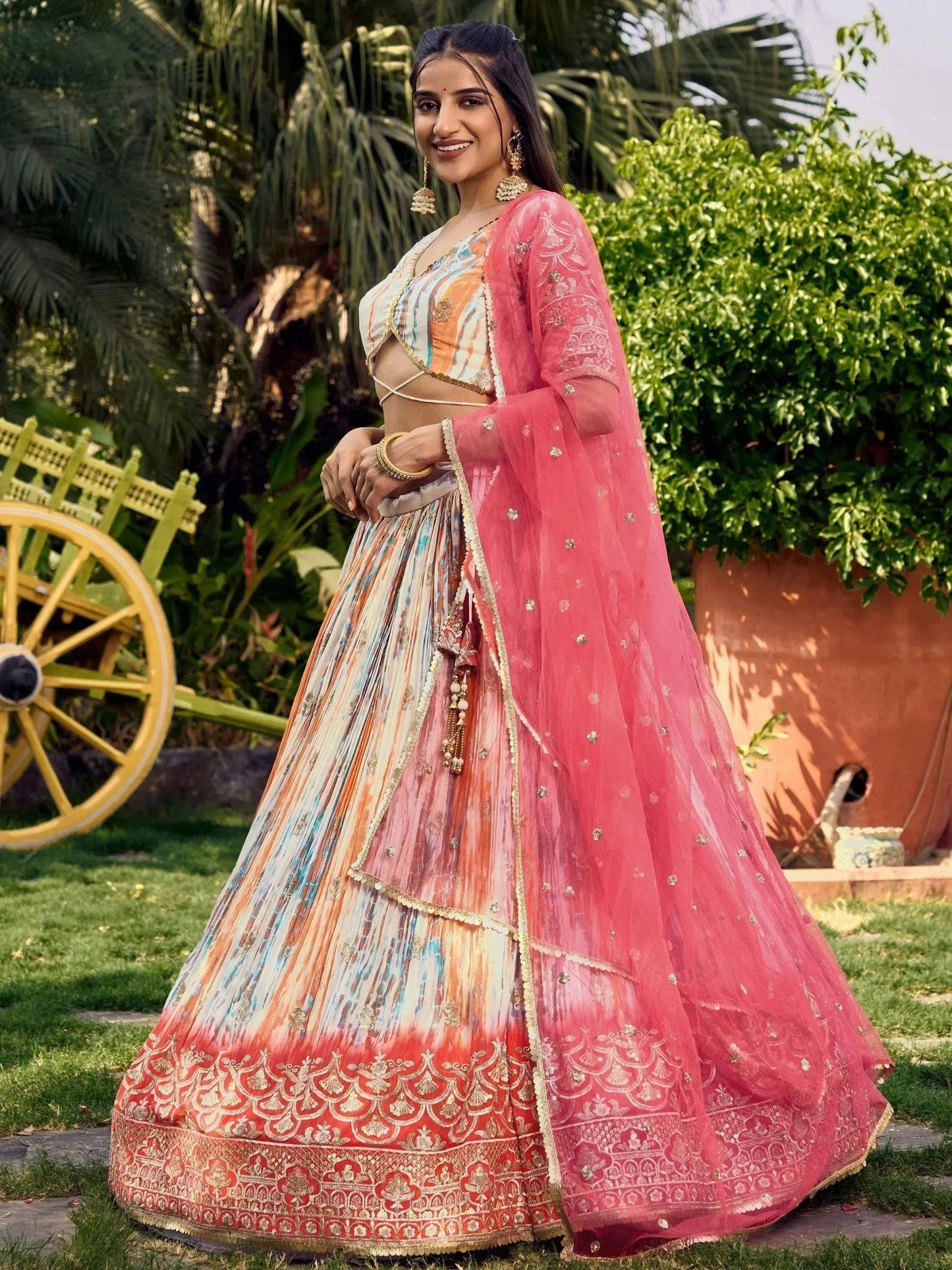 Tulsi Art Fantastic White & Pink Shibori Printed Chinon Traditional Lehenga Choli