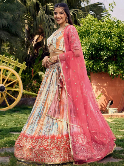 Tulsi Art Fantastic White & Pink Shibori Printed Chinon Traditional Lehenga Choli