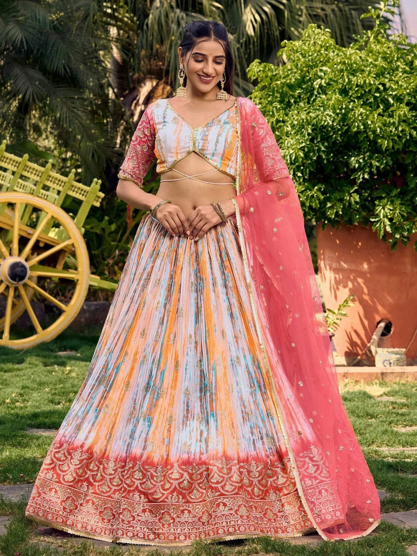 Tulsi Art Fantastic White & Pink Shibori Printed Chinon Traditional Lehenga Choli