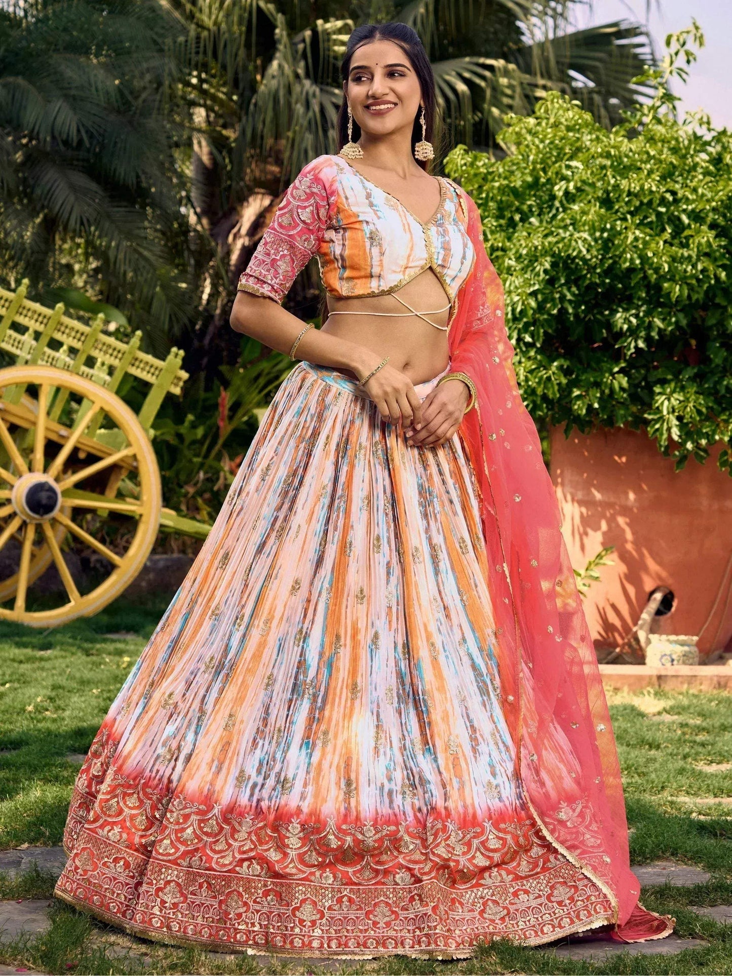 Tulsi Art Fantastic White & Pink Shibori Printed Chinon Traditional Lehenga Choli