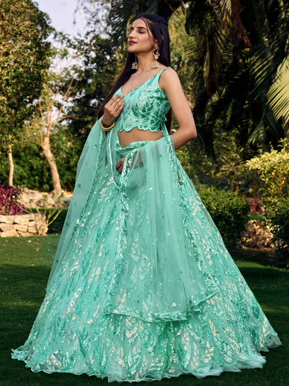 Tulsi Art Fabulous Turquoise Sequins Net Engagement Wear Lehenga Choli