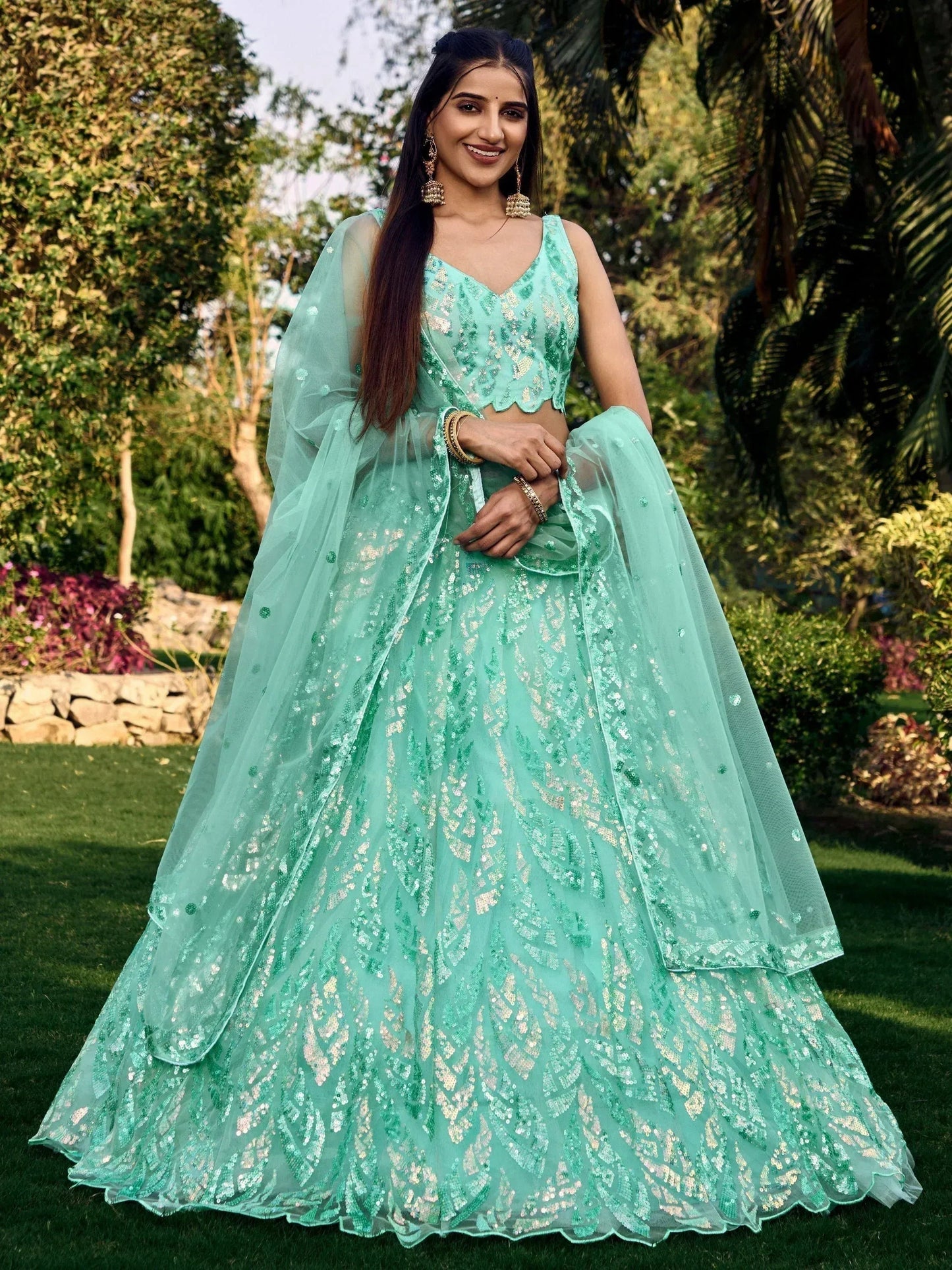 Tulsi Art Fabulous Turquoise Sequins Net Engagement Wear Lehenga Choli