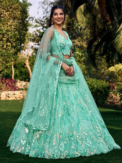 Tulsi Art Fabulous Turquoise Sequins Net Engagement Wear Lehenga Choli