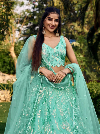Tulsi Art Fabulous Turquoise Sequins Net Engagement Wear Lehenga Choli