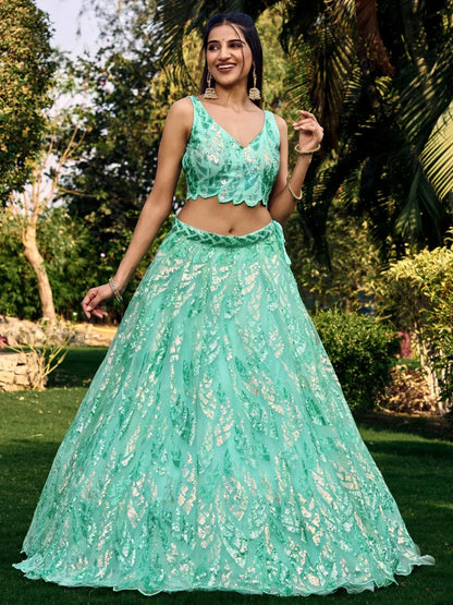 Tulsi Art Fabulous Turquoise Sequins Net Engagement Wear Lehenga Choli