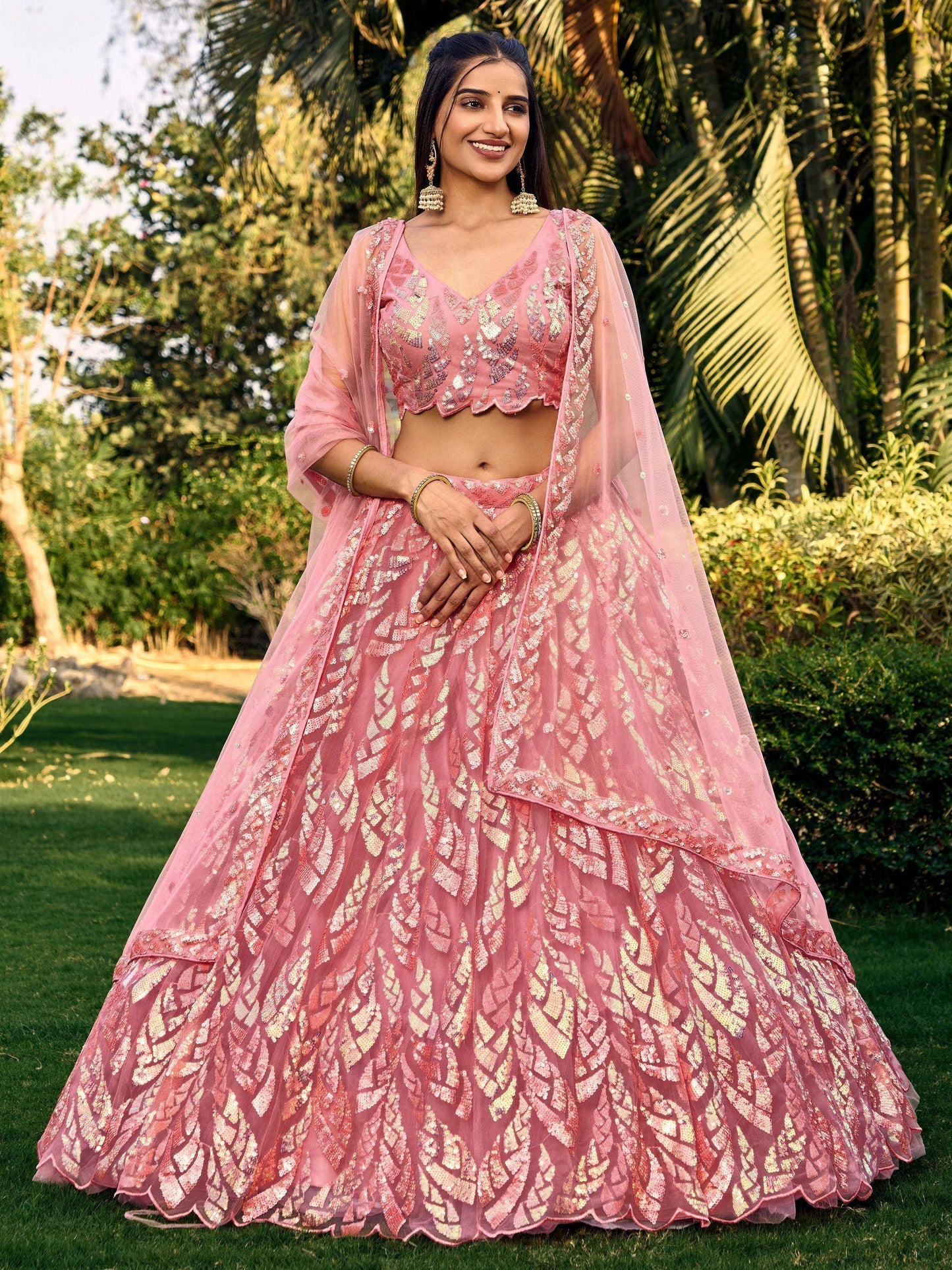 Tulsi Art Beautiful Pink Sequins Net Bridesmaid Lehenga Choli With Dupatta