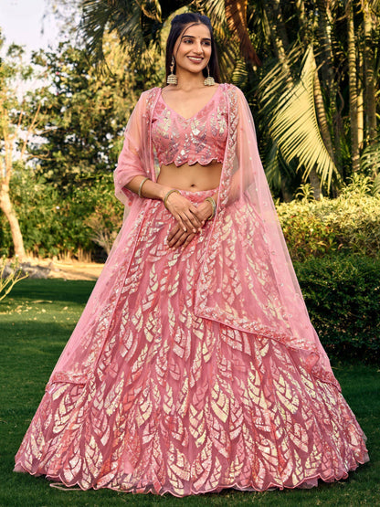 Tulsi Art Beautiful Pink Sequins Net Bridesmaid Lehenga Choli With Dupatta