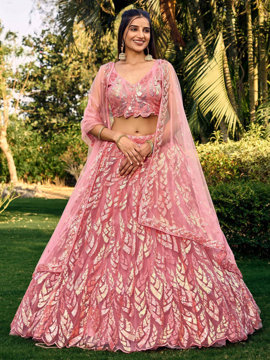 Tulsi Art Beautiful Pink Sequins Net Bridesmaid Lehenga Choli With Dupatta