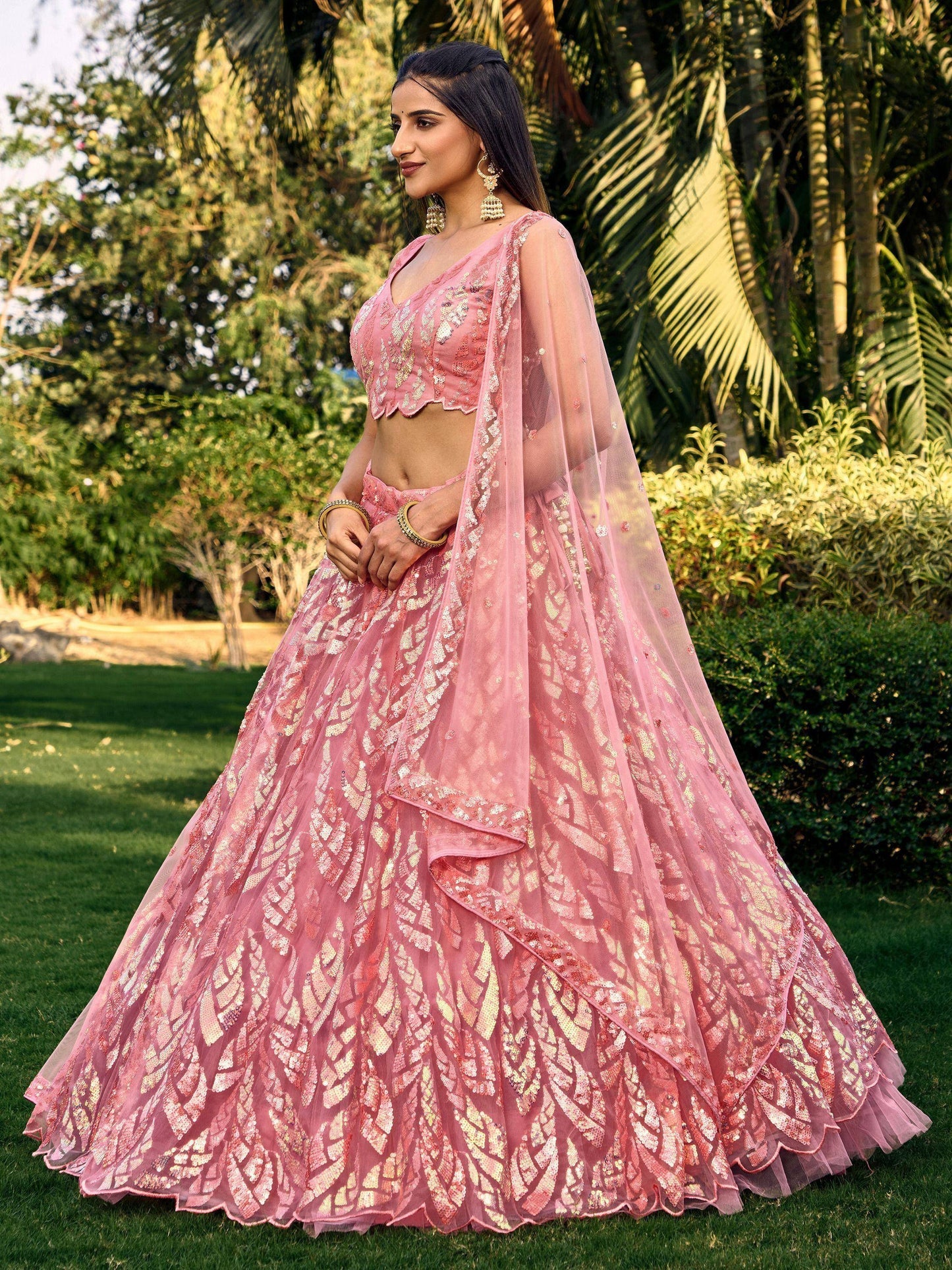 Tulsi Art Beautiful Pink Sequins Net Bridesmaid Lehenga Choli With Dupatta