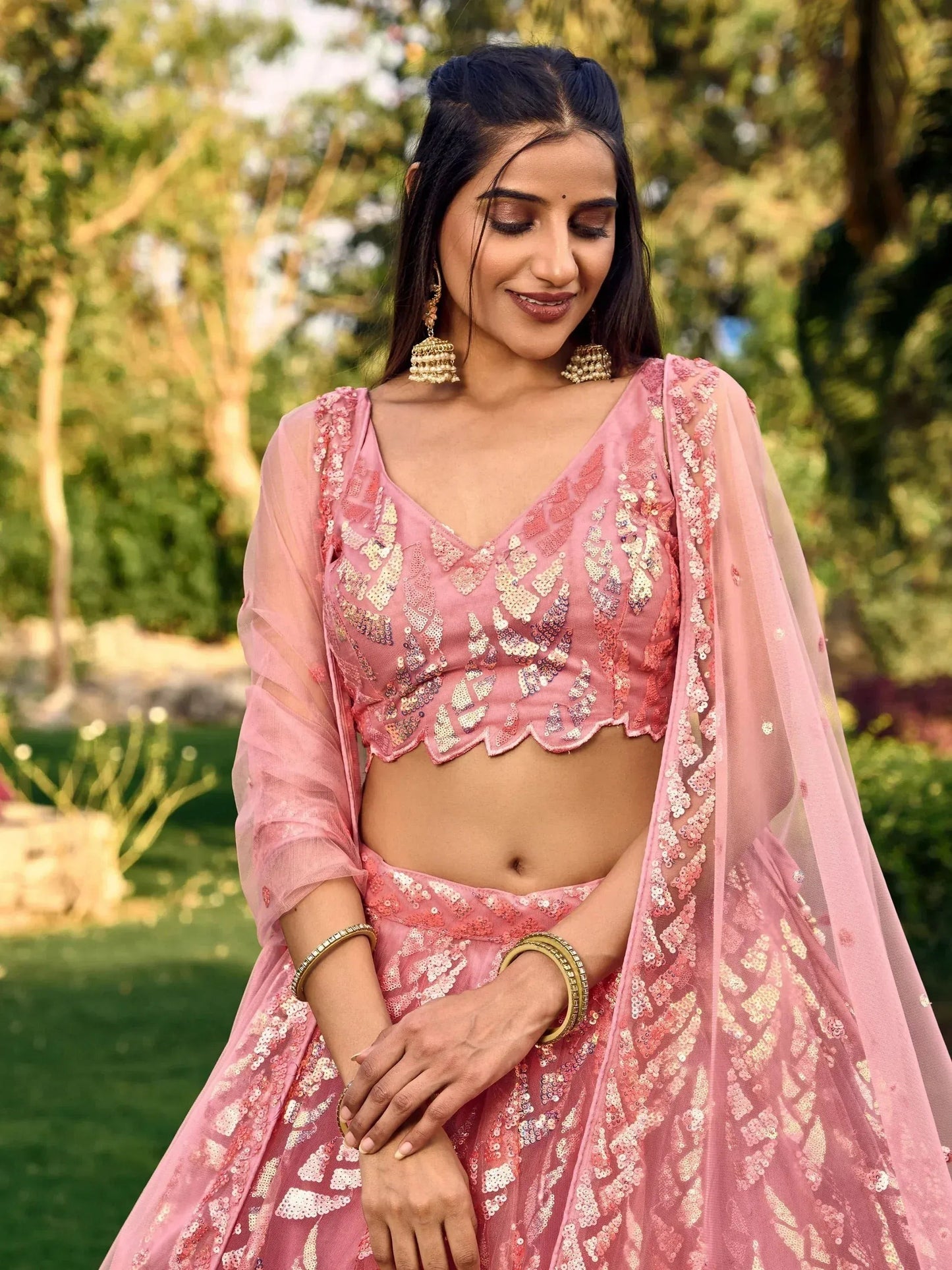 Tulsi Art Beautiful Pink Sequins Net Bridesmaid Lehenga Choli With Dupatta