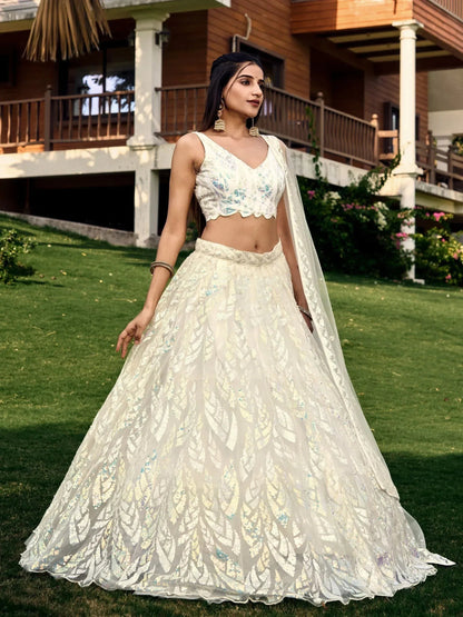 Tulsi Art Astonishing Off-White Sequins Net Lehenga Choli With Dupatta