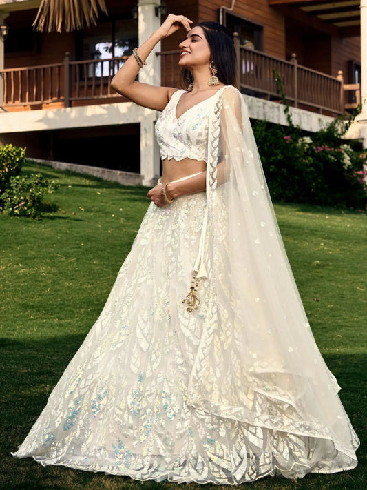 Tulsi Art Astonishing Off-White Sequins Net Lehenga Choli With Dupatta