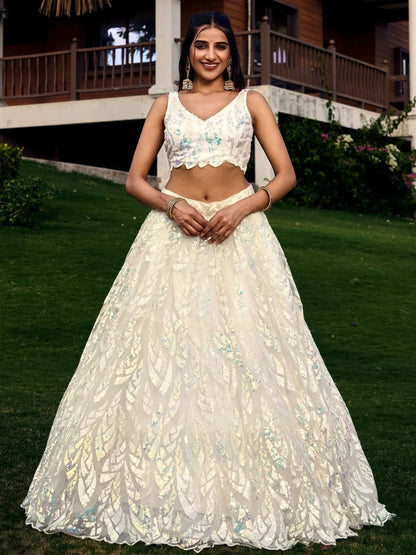 Tulsi Art Astonishing Off-White Sequins Net Lehenga Choli With Dupatta