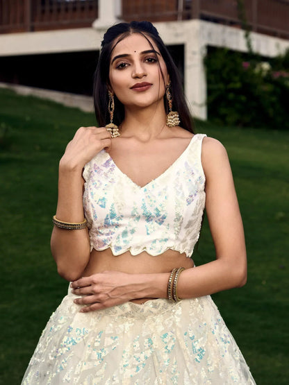Tulsi Art Astonishing Off-White Sequins Net Lehenga Choli With Dupatta