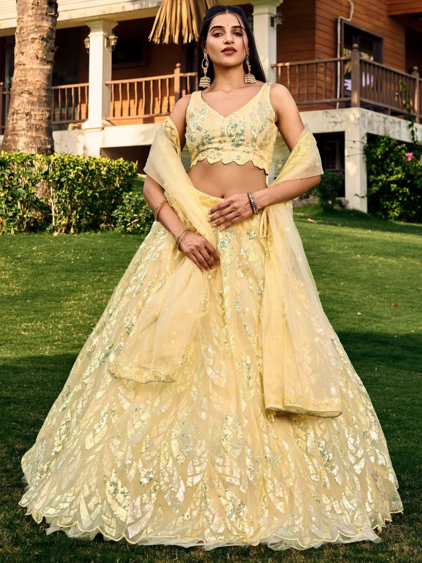 Tulsi Art Attractive Yellow Sequins Net Function Wear Lehenga Choli With Dupatta