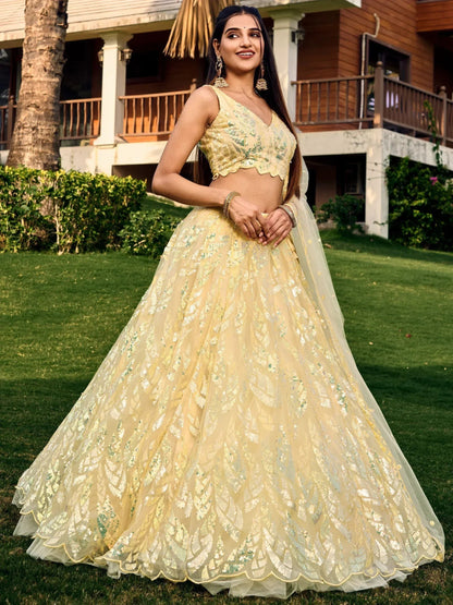 Tulsi Art Attractive Yellow Sequins Net Function Wear Lehenga Choli With Dupatta
