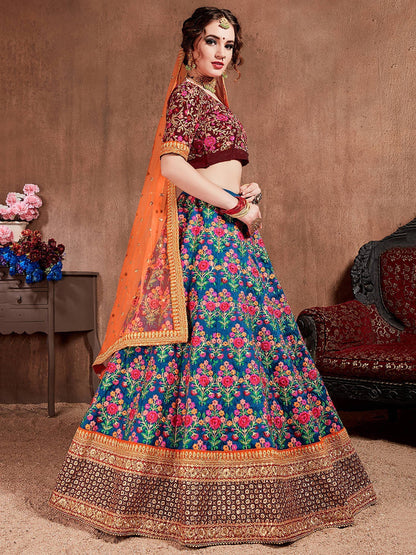 Tulsi Art Navy Blue Embroidered Mulberry Silk Bridal Lehenga Choli With Dupatta