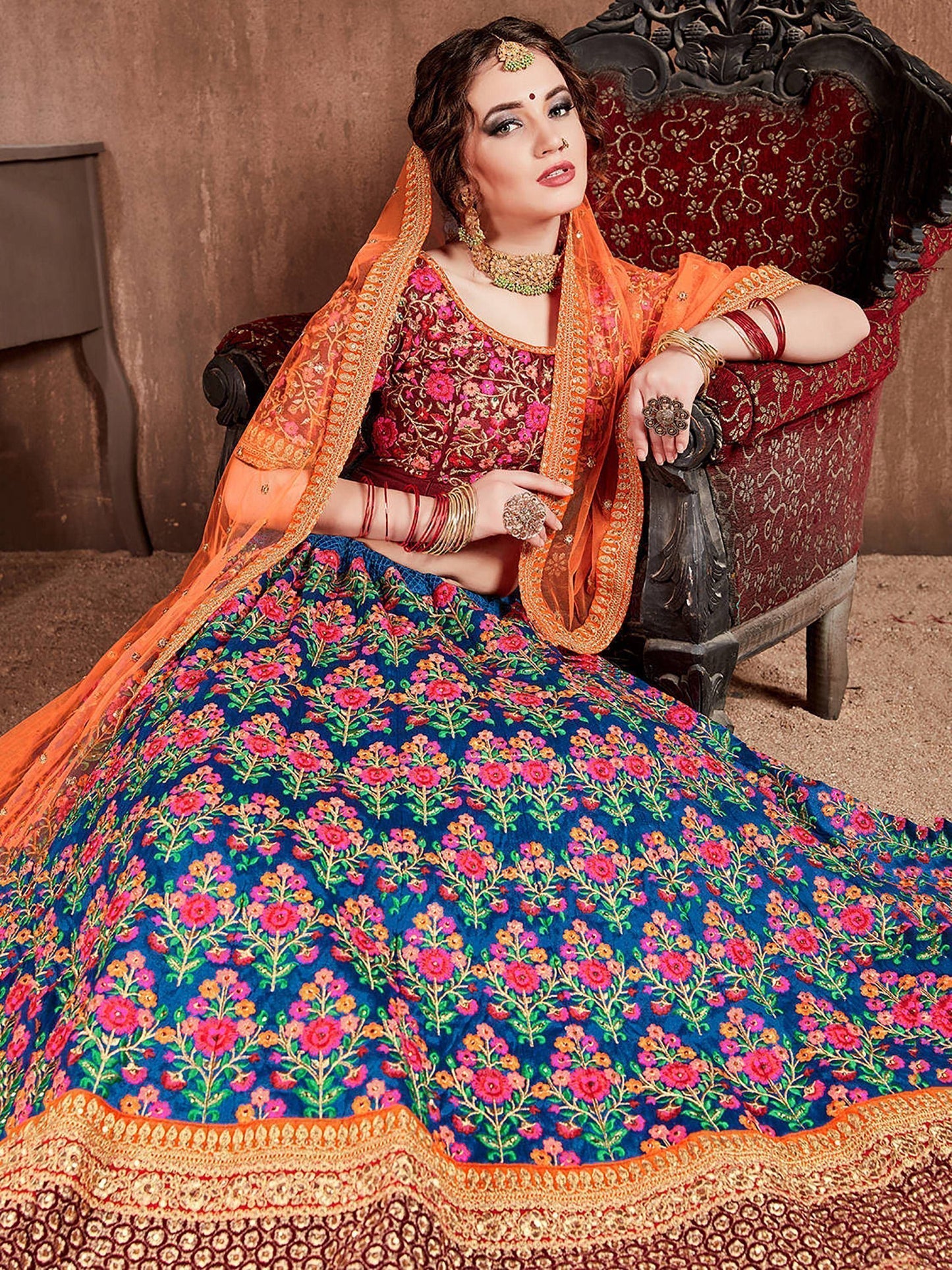 Tulsi Art Navy Blue Embroidered Mulberry Silk Bridal Lehenga Choli With Dupatta