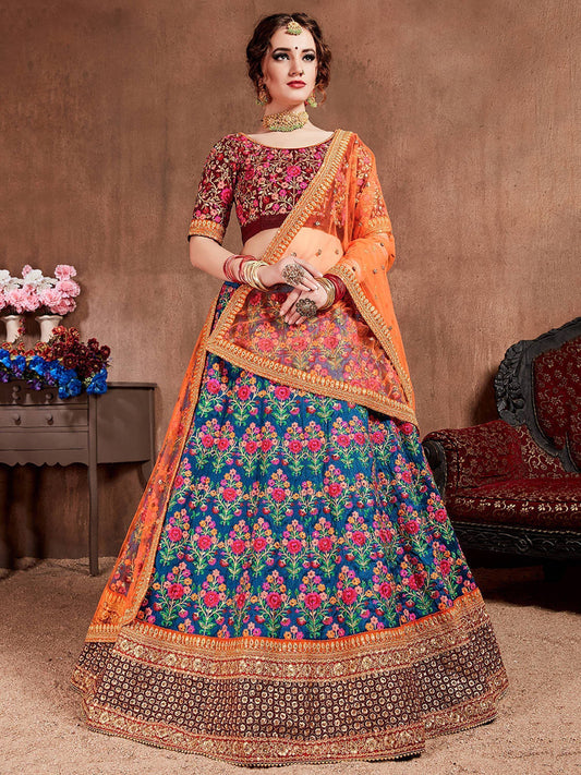 Tulsi Art Navy Blue Embroidered Mulberry Silk Bridal Lehenga Choli With Dupatta