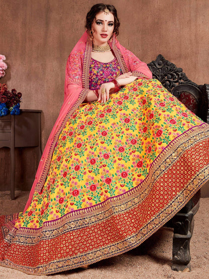 Tulsi Art Yellow Embroidered Silk Bridal Lehenga Choli With Dupatta