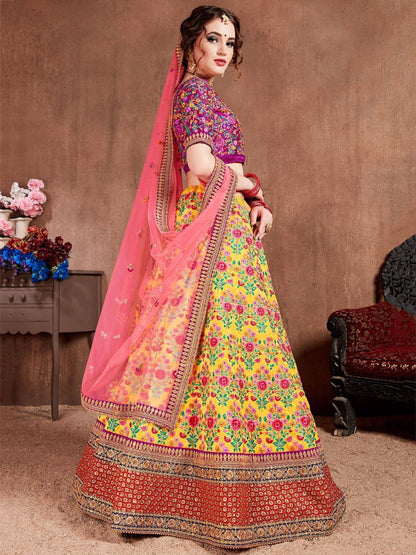 Tulsi Art Yellow Embroidered Silk Bridal Lehenga Choli With Dupatta