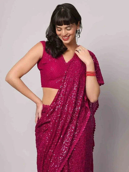 Tulsi Art Gorgeous Pink Sequins Georgette Reception Wear Saree With Blouse