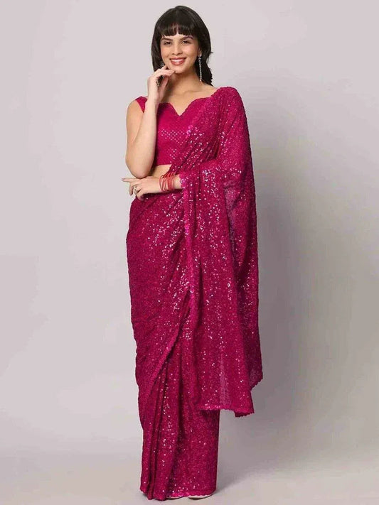 Tulsi Art Gorgeous Pink Sequins Georgette Reception Wear Saree With Blouse