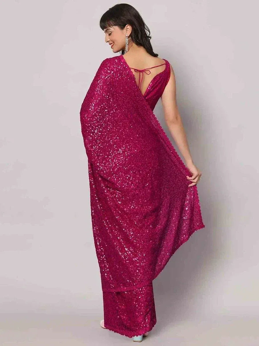 Tulsi Art Gorgeous Pink Sequins Georgette Reception Wear Saree With Blouse