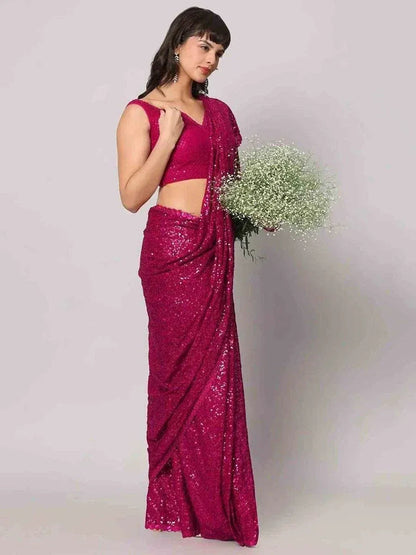 Tulsi Art Gorgeous Pink Sequins Georgette Reception Wear Saree With Blouse