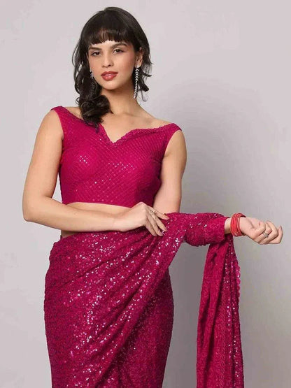 Tulsi Art Gorgeous Pink Sequins Georgette Reception Wear Saree With Blouse