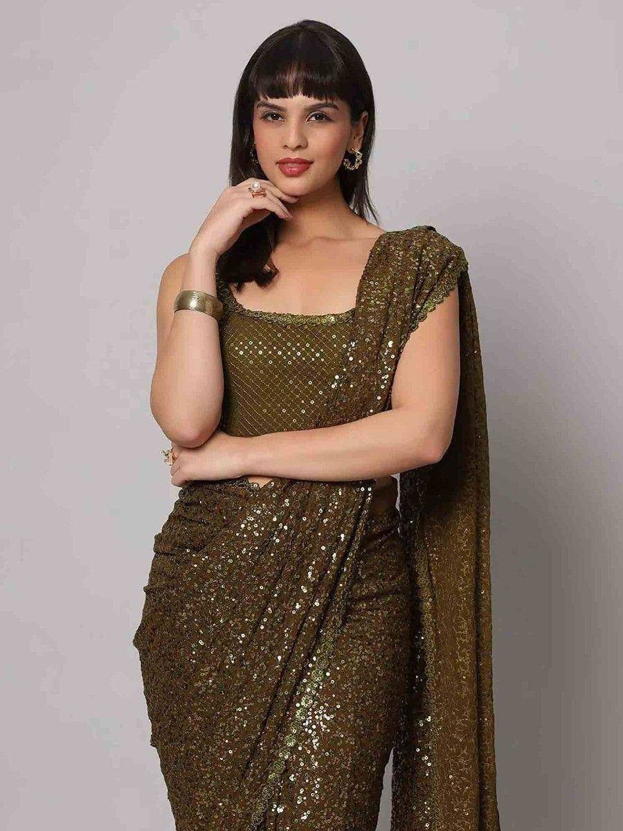 Tulsi Art Fascinating Olive Green Sequins Georgette Party Wear Saree With Blouse