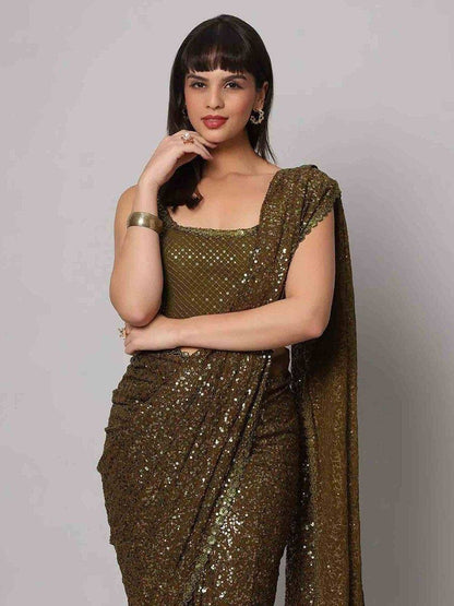 Tulsi Art Fascinating Olive Green Sequins Georgette Party Wear Saree With Blouse