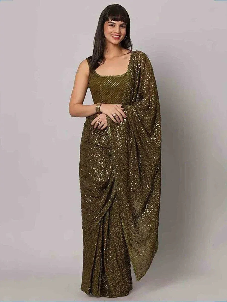 Tulsi Art Fascinating Olive Green Sequins Georgette Party Wear Saree With Blouse