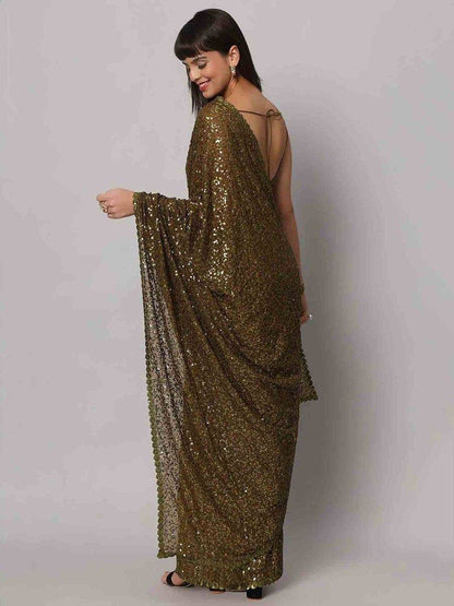 Tulsi Art Fascinating Olive Green Sequins Georgette Party Wear Saree With Blouse