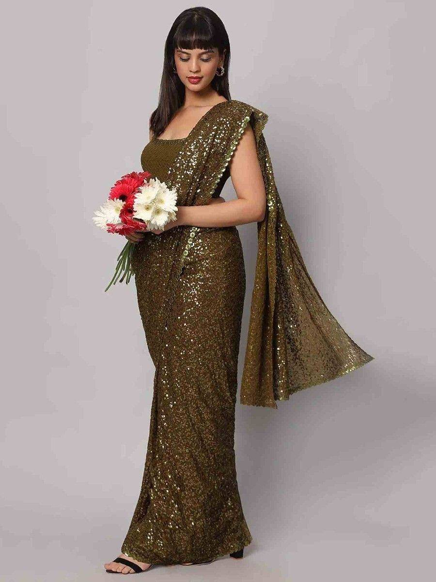 Tulsi Art Fascinating Olive Green Sequins Georgette Party Wear Saree With Blouse