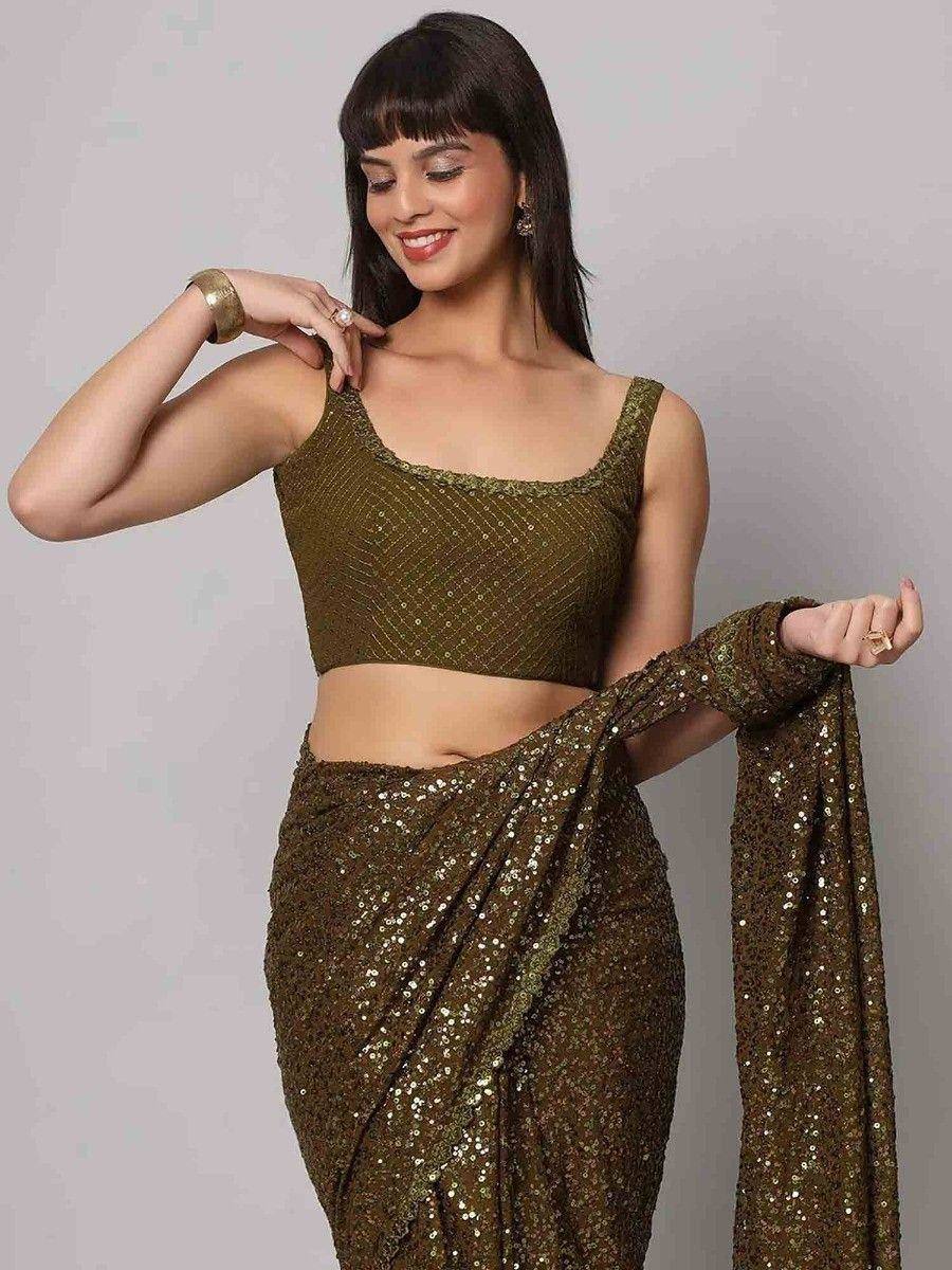 Tulsi Art Fascinating Olive Green Sequins Georgette Party Wear Saree With Blouse
