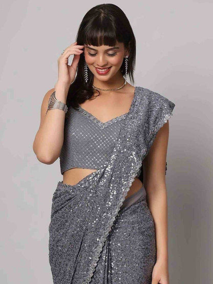Tulsi Art Attractive Grey Sequins Georgette Cocktail Party Wear Saree With Blouse