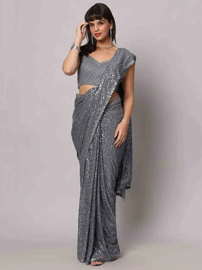 Tulsi Art Attractive Grey Sequins Georgette Cocktail Party Wear Saree With Blouse