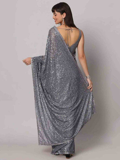 Tulsi Art Attractive Grey Sequins Georgette Cocktail Party Wear Saree With Blouse