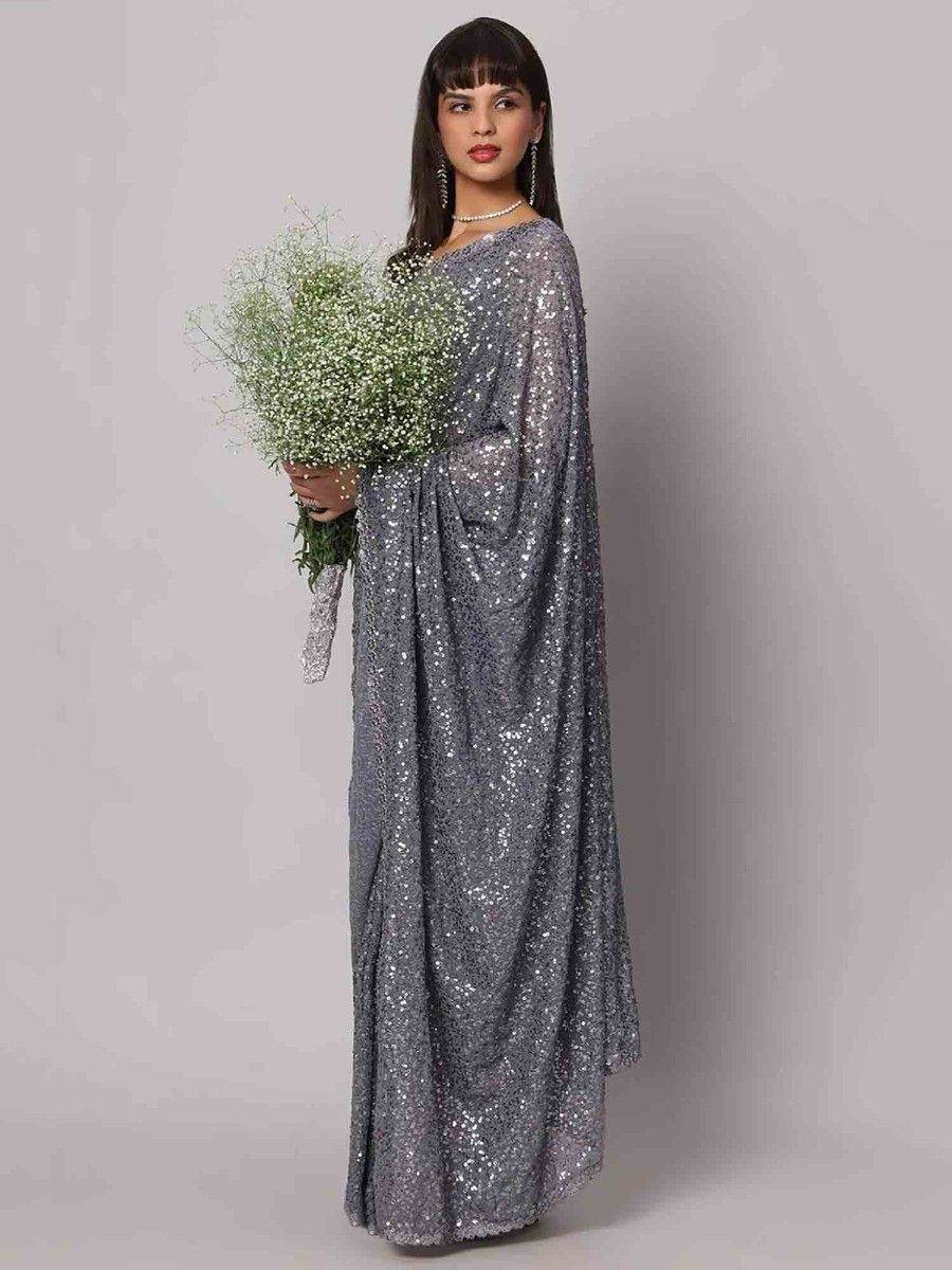Tulsi Art Attractive Grey Sequins Georgette Cocktail Party Wear Saree With Blouse