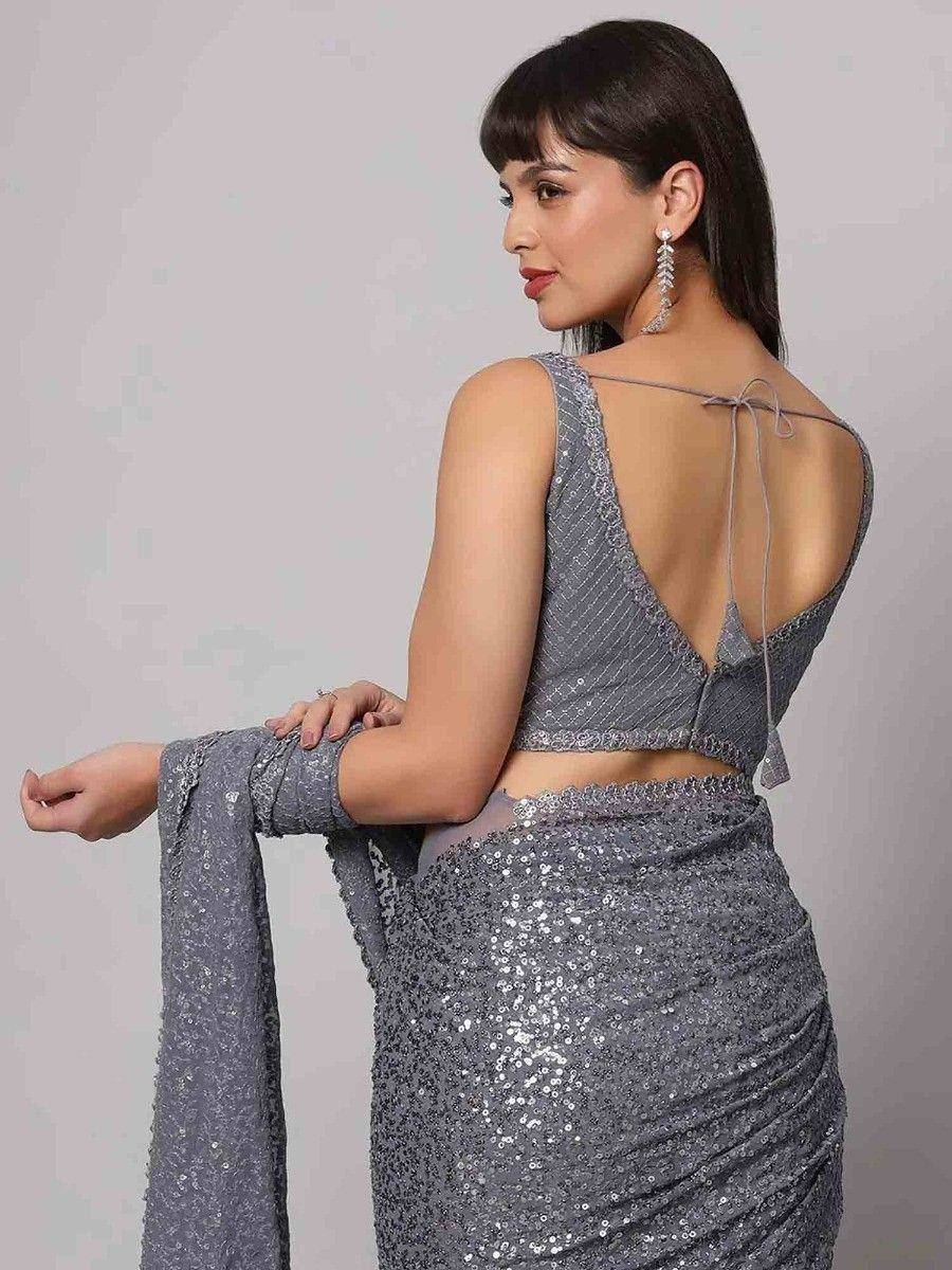 Tulsi Art Attractive Grey Sequins Georgette Cocktail Party Wear Saree With Blouse