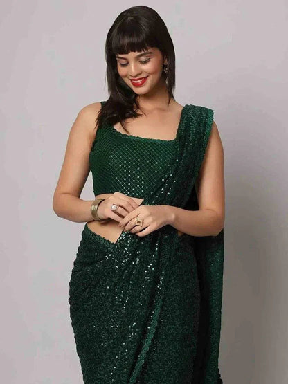 Tulsi Art Glamorous Green Sequins Georgette Designer Saree With Blouse