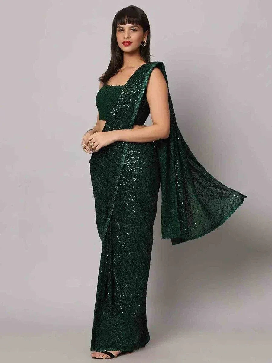 Tulsi Art Glamorous Green Sequins Georgette Designer Saree With Blouse