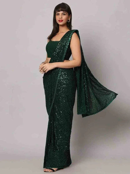 Tulsi Art Glamorous Green Sequins Georgette Designer Saree With Blouse