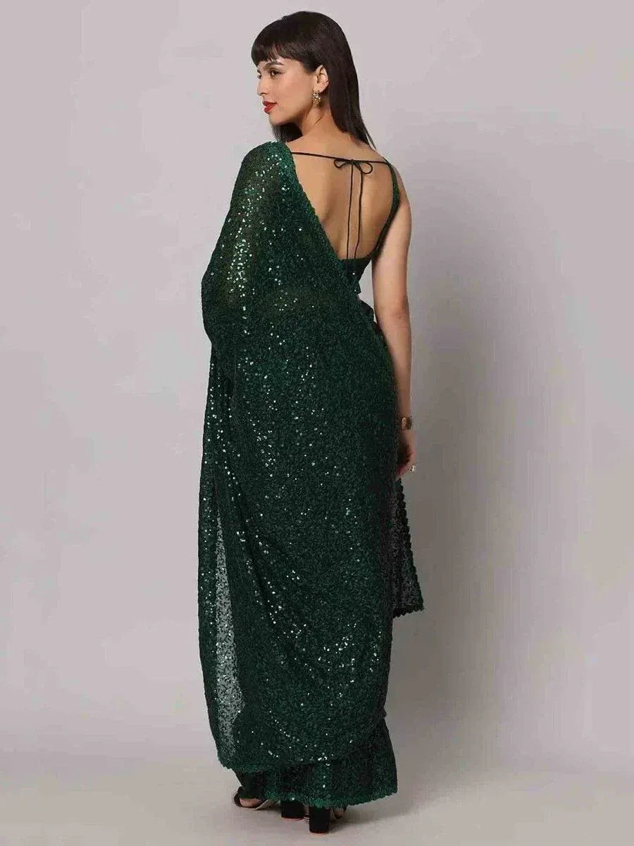 Tulsi Art Glamorous Green Sequins Georgette Designer Saree With Blouse